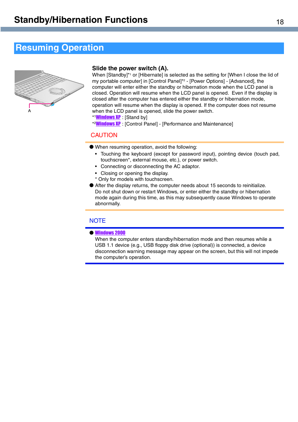 Standby/hibernation functions, Resuming operation | Panasonic CF-T1 User Manual | Page 18 / 72