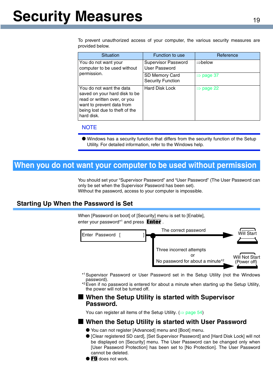 Security measures, Starting up when the password is set | Panasonic CF-T1 User Manual | Page 19 / 72