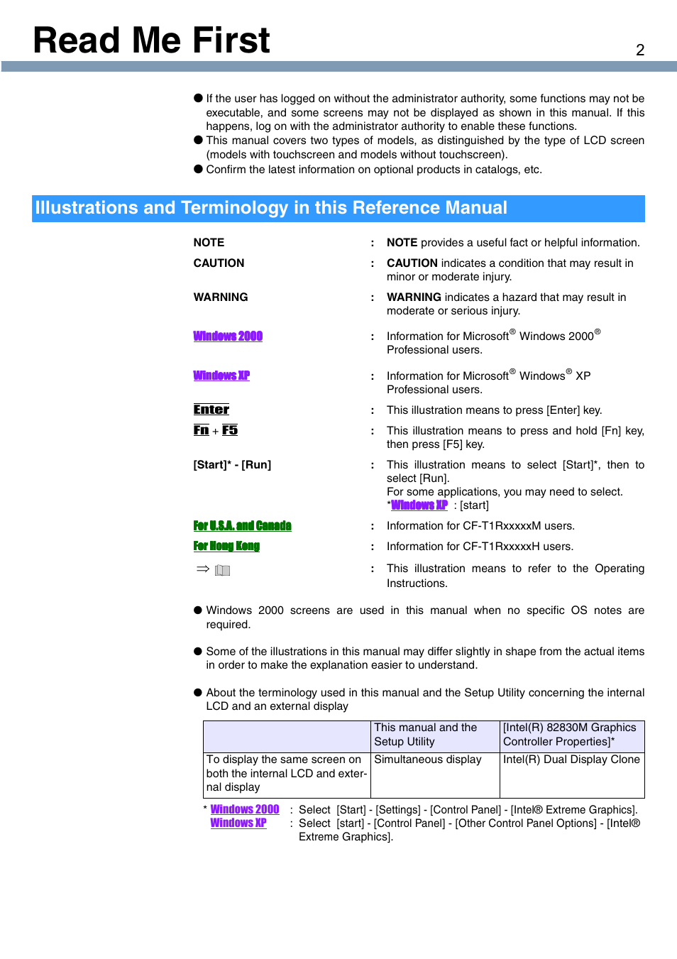 Read me first | Panasonic CF-T1 User Manual | Page 2 / 72