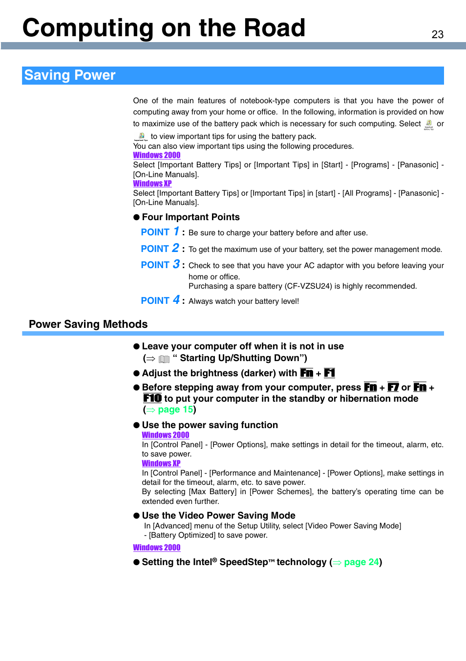 Computing on the road, Saving power, Power saving methods | Panasonic CF-T1 User Manual | Page 23 / 72