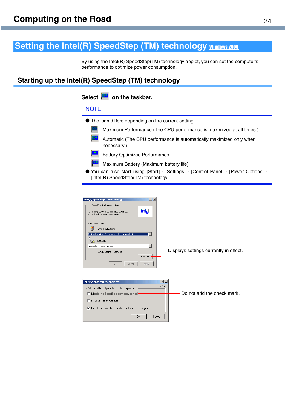 Computing on the road, Setting the intel(r) speedstep (tm) technology, Starting up the intel(r) speedstep (tm) technology | Panasonic CF-T1 User Manual | Page 24 / 72