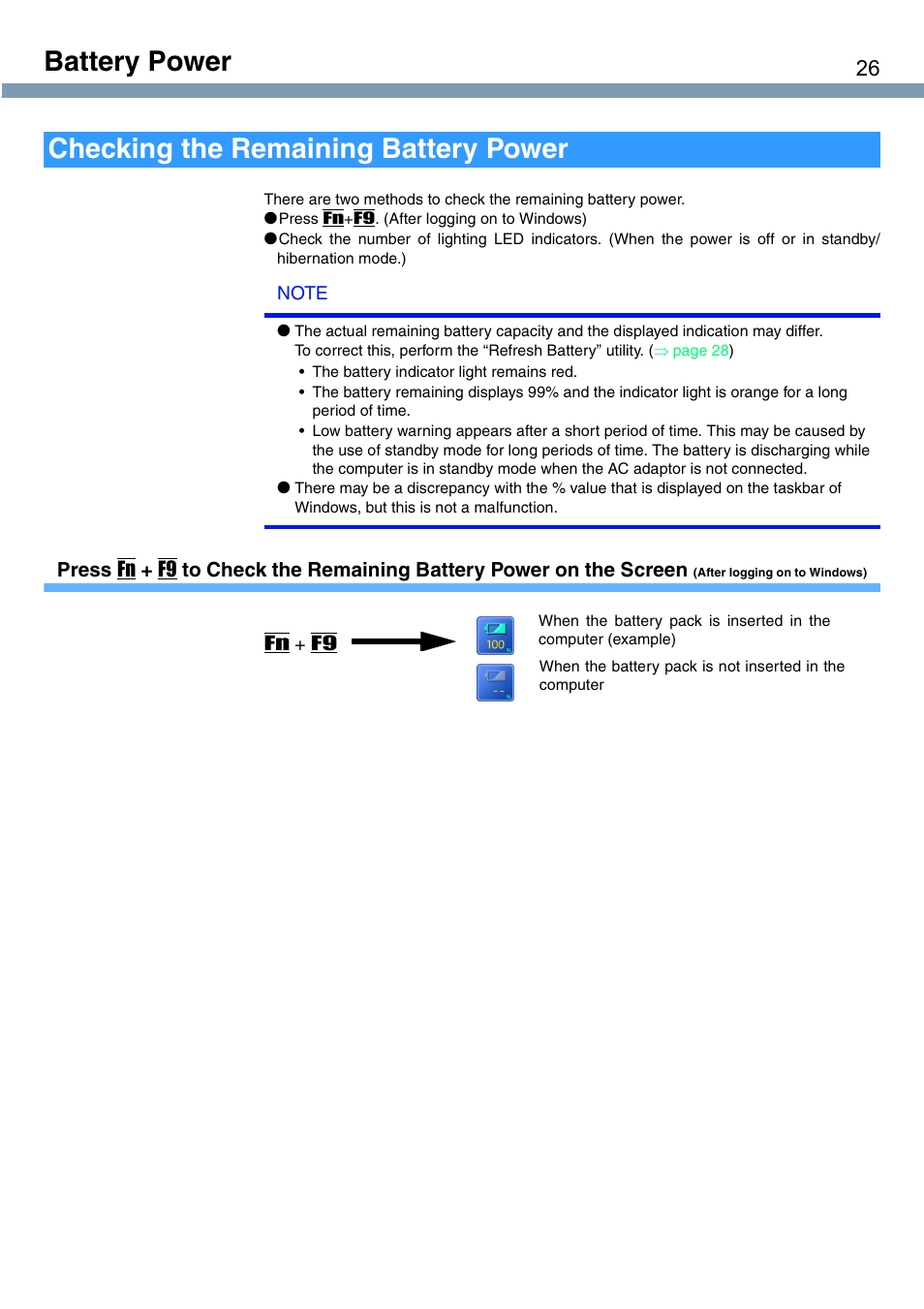 Battery power, Checking the remaining battery power | Panasonic CF-T1 User Manual | Page 26 / 72