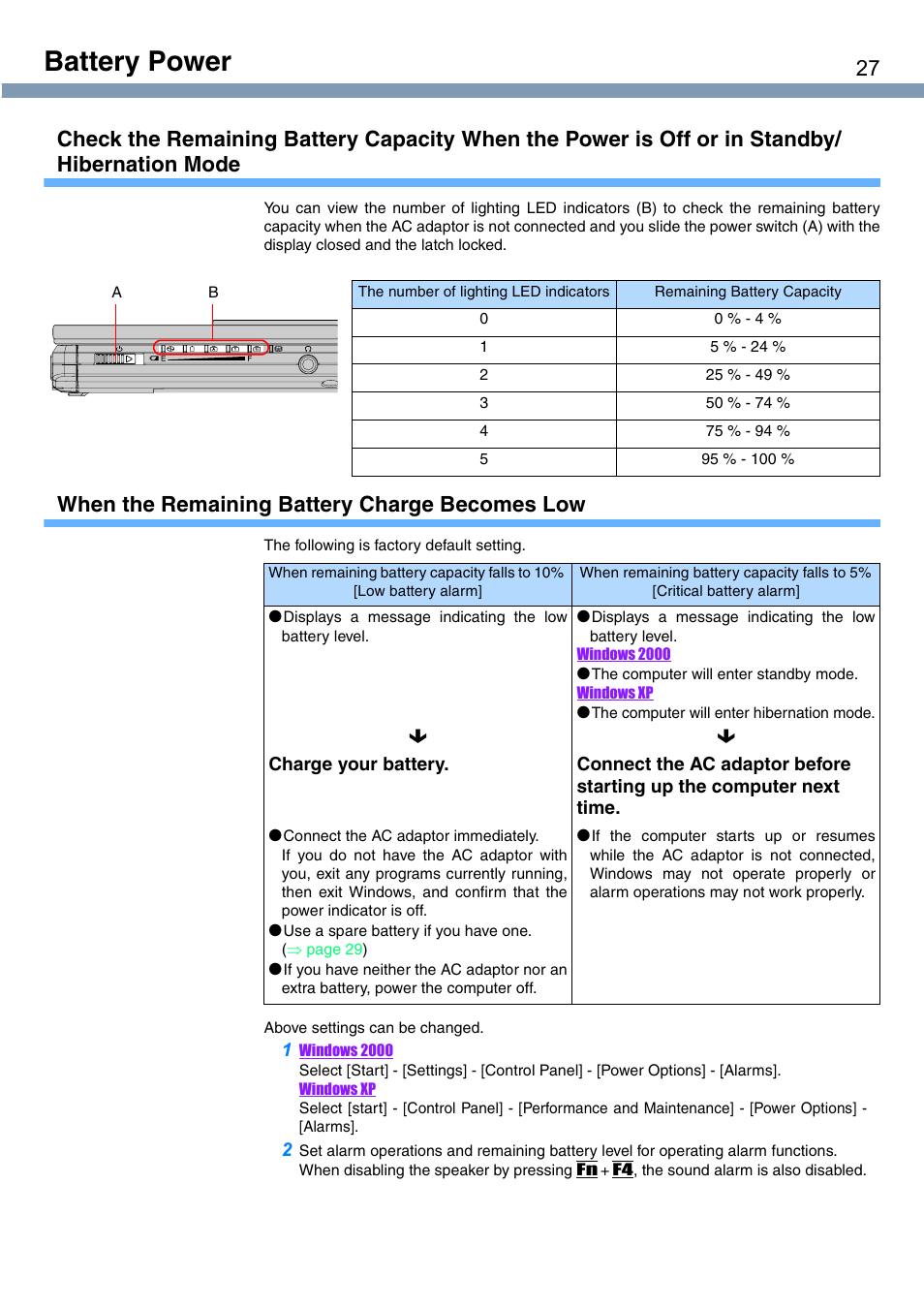 Battery power, When the remaining battery charge becomes low | Panasonic CF-T1 User Manual | Page 27 / 72