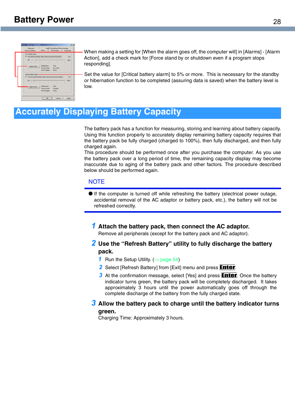 Battery power, Accurately displaying battery capacity | Panasonic CF-T1 User Manual | Page 28 / 72