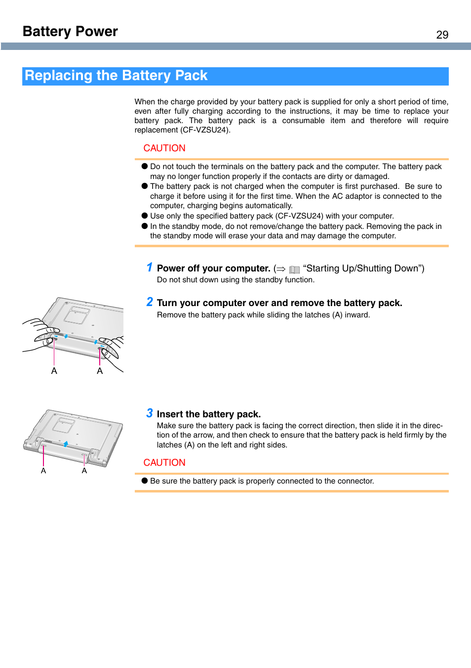 Battery power, Replacing the battery pack | Panasonic CF-T1 User Manual | Page 29 / 72