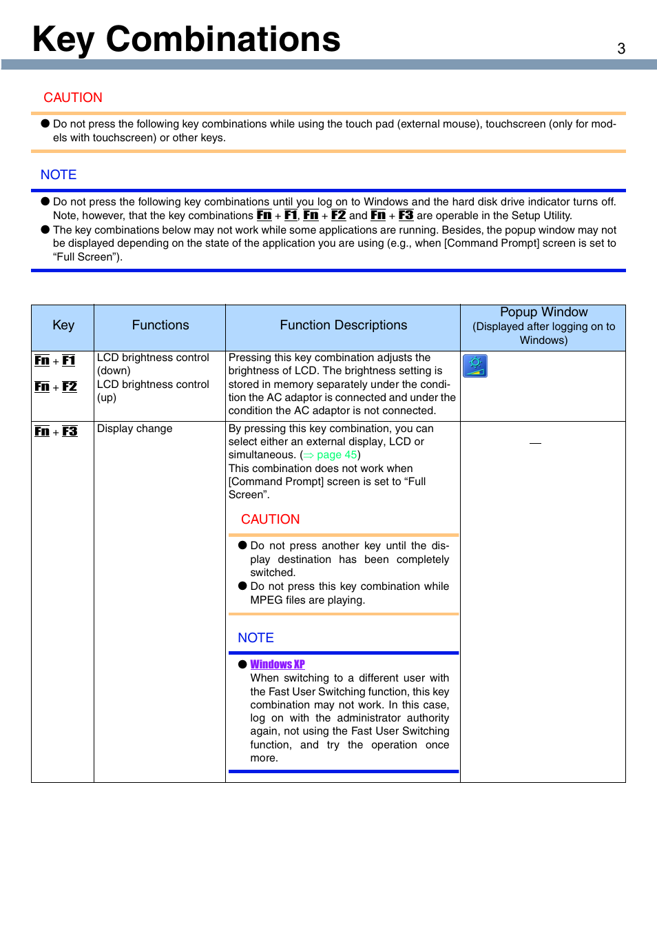 Key combinations | Panasonic CF-T1 User Manual | Page 3 / 72