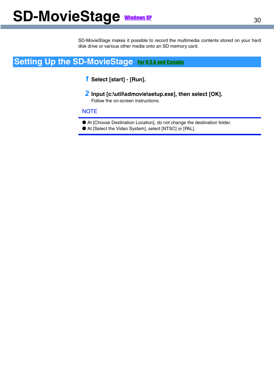 Sd-moviestage, Windows xp, Setting up the sd-moviestage | Panasonic CF-T1 User Manual | Page 30 / 72