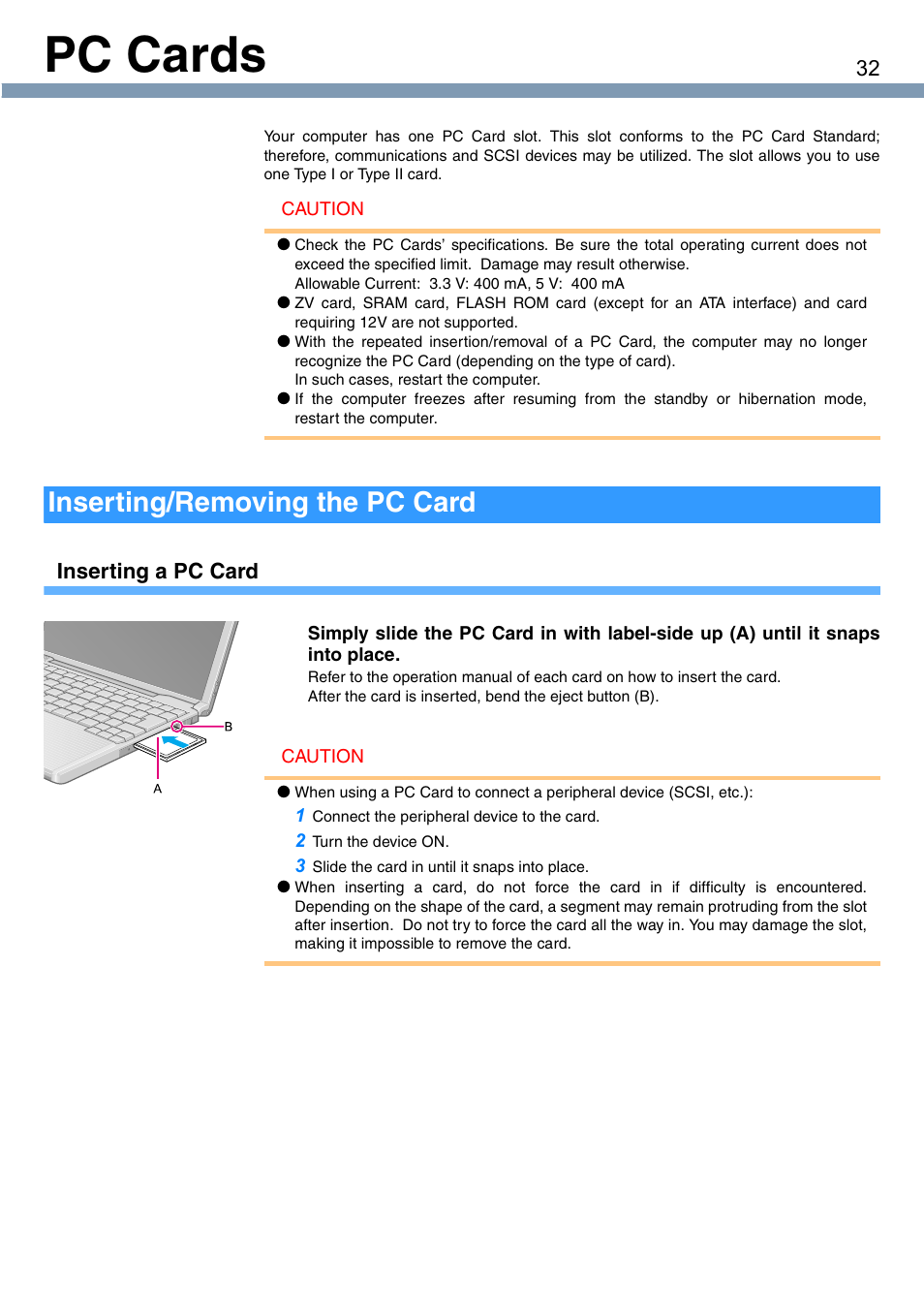 Pc cards, Inserting/removing the pc card | Panasonic CF-T1 User Manual | Page 32 / 72