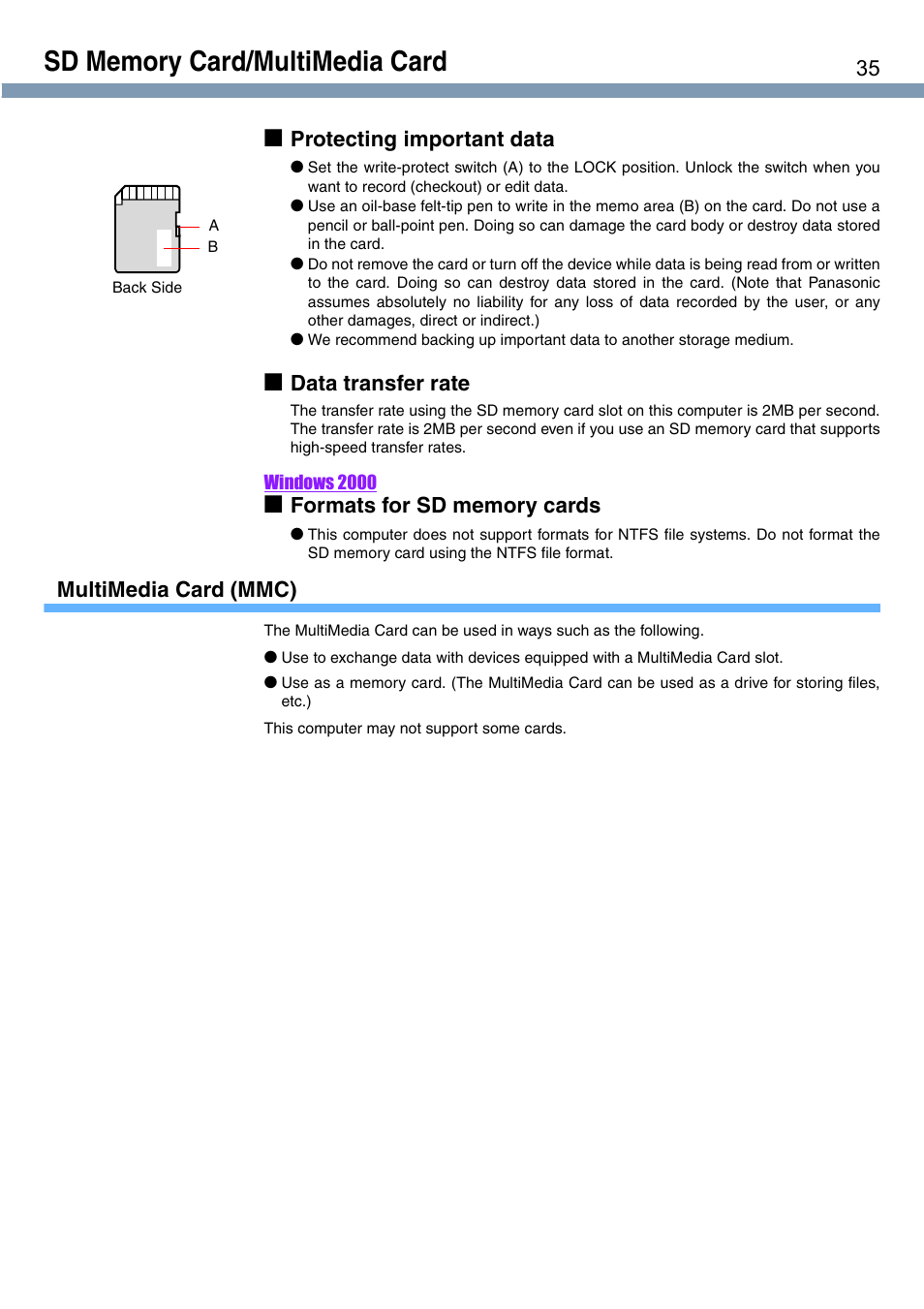 Protecting important data, Data transfer rate, Multimedia card (mmc) | Panasonic CF-T1 User Manual | Page 35 / 72