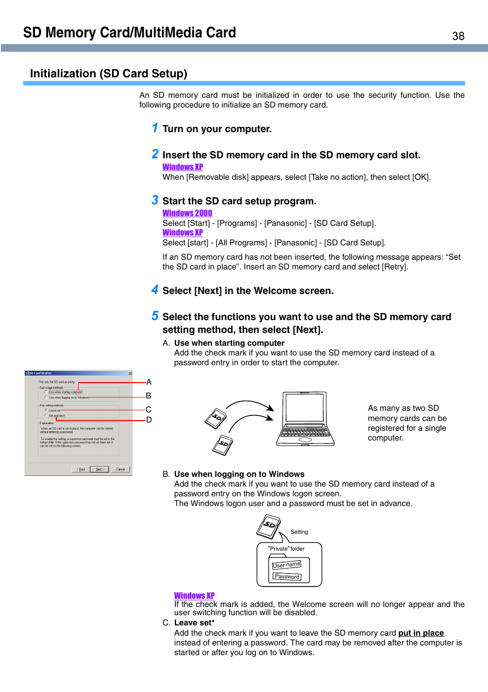 Initialization (sd card setup) | Panasonic CF-T1 User Manual | Page 38 / 72