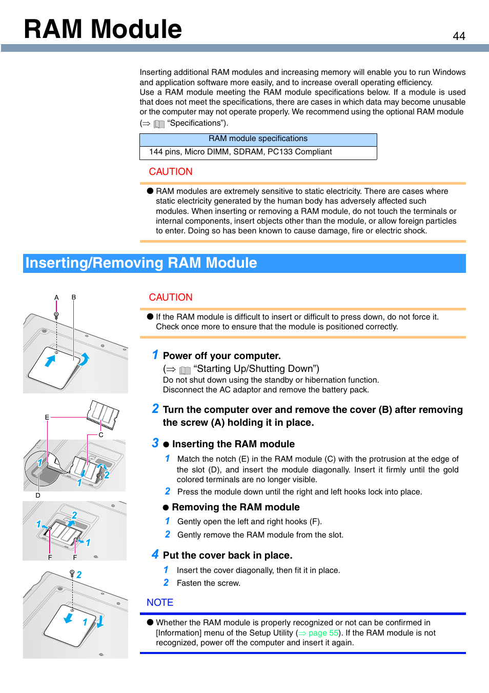 Ram module, Inserting/removing ram module | Panasonic CF-T1 User Manual | Page 44 / 72