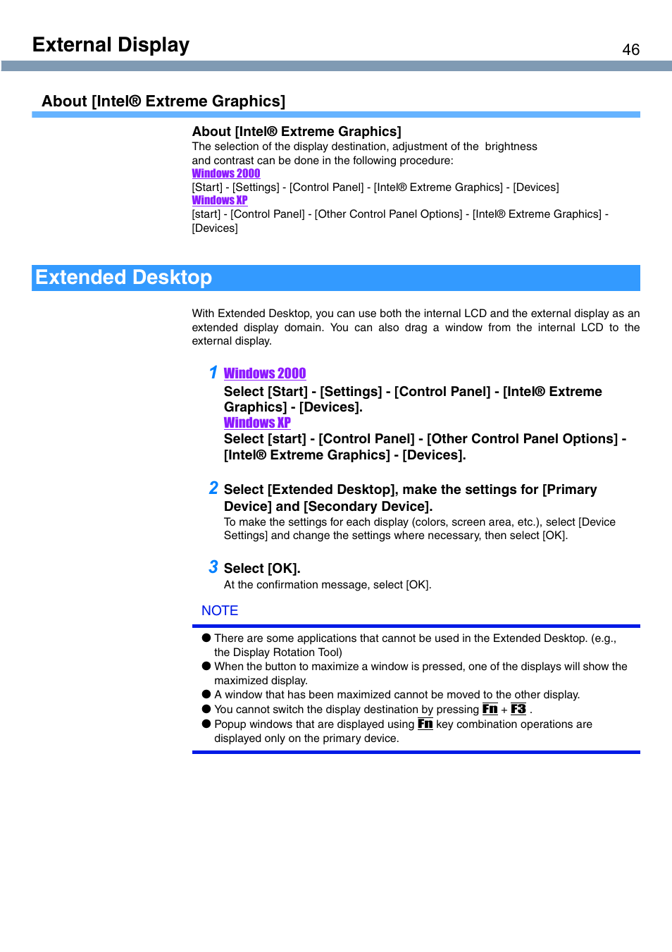 External display, Extended desktop, About [intel® extreme graphics | Panasonic CF-T1 User Manual | Page 46 / 72