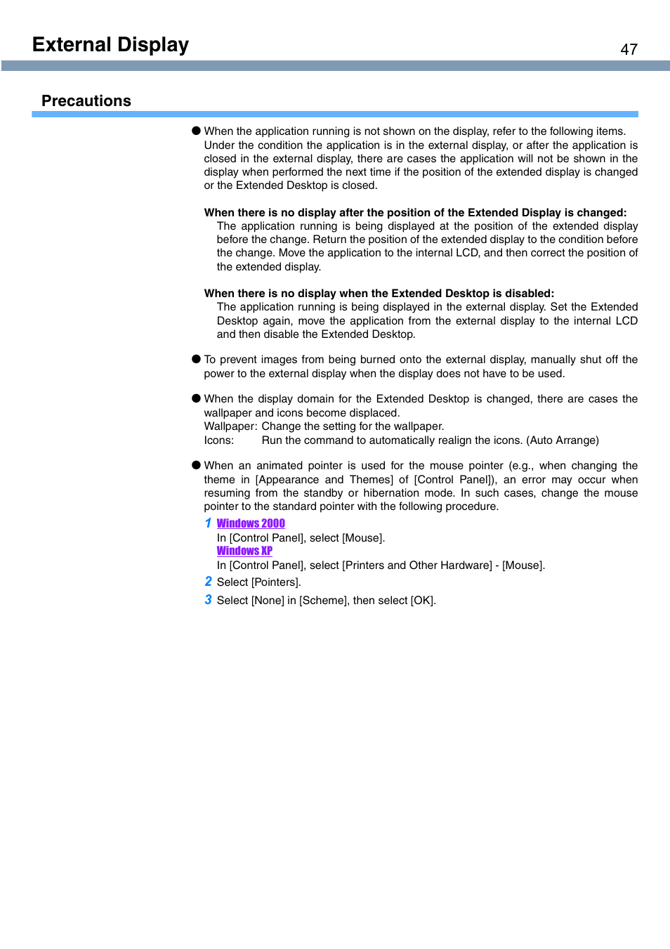 External display, Precautions | Panasonic CF-T1 User Manual | Page 47 / 72