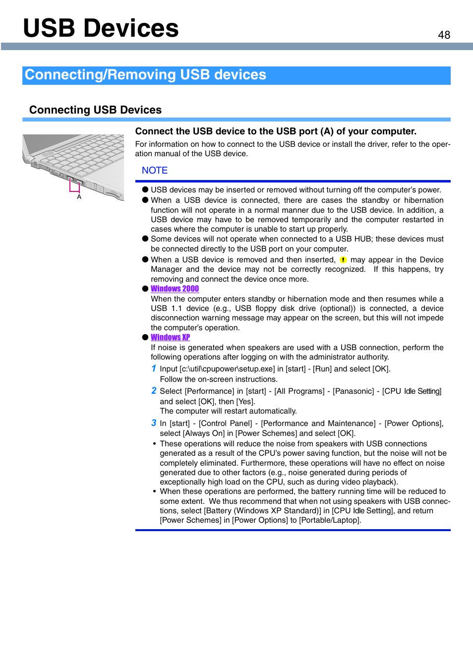 Usb devices, Connecting/removing usb devices, Connecting usb devices | Panasonic CF-T1 User Manual | Page 48 / 72