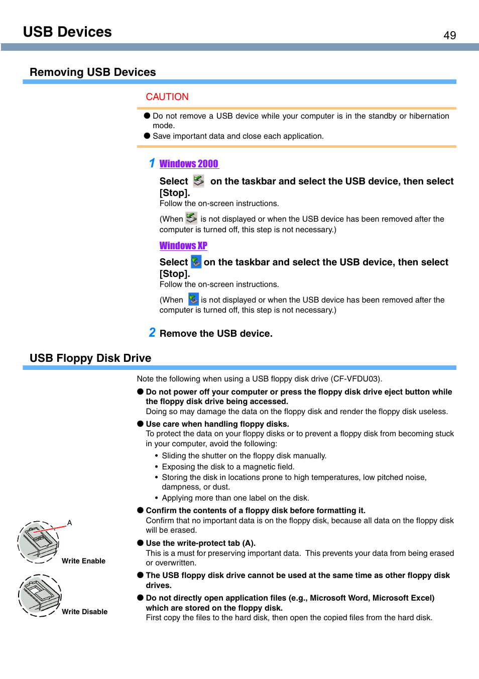 Usb devices, Removing usb devices, Usb floppy disk drive | Panasonic CF-T1 User Manual | Page 49 / 72