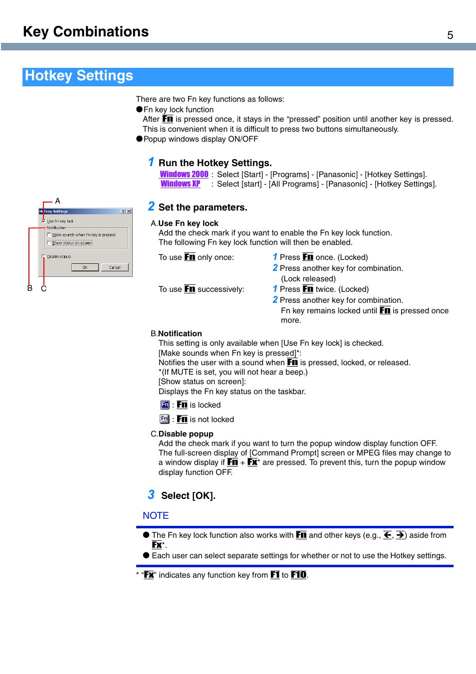 Key combinations, Hotkey settings | Panasonic CF-T1 User Manual | Page 5 / 72