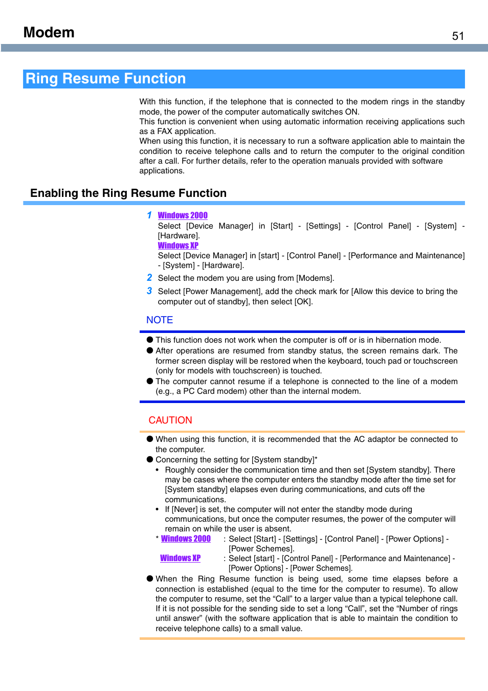 Modem, Ring resume function, Enabling the ring resume function | Panasonic CF-T1 User Manual | Page 51 / 72