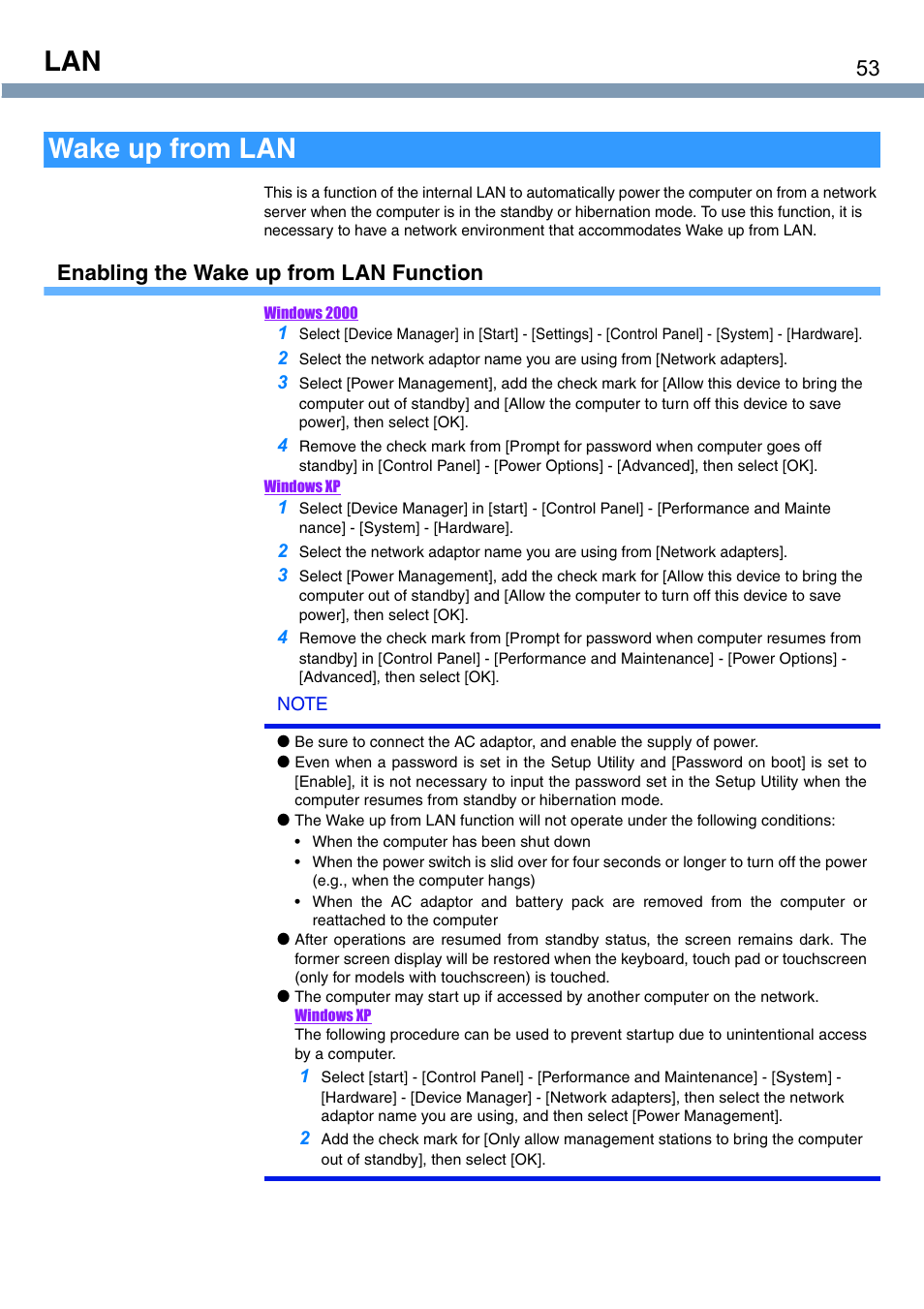 Wake up from lan, Enabling the wake up from lan function | Panasonic CF-T1 User Manual | Page 53 / 72