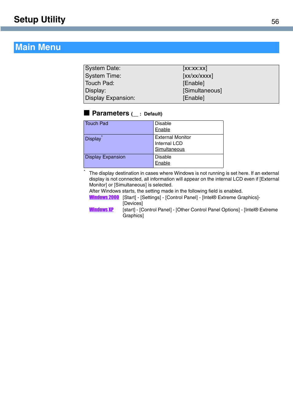 Setup utility, Main menu, Parameters | Panasonic CF-T1 User Manual | Page 56 / 72