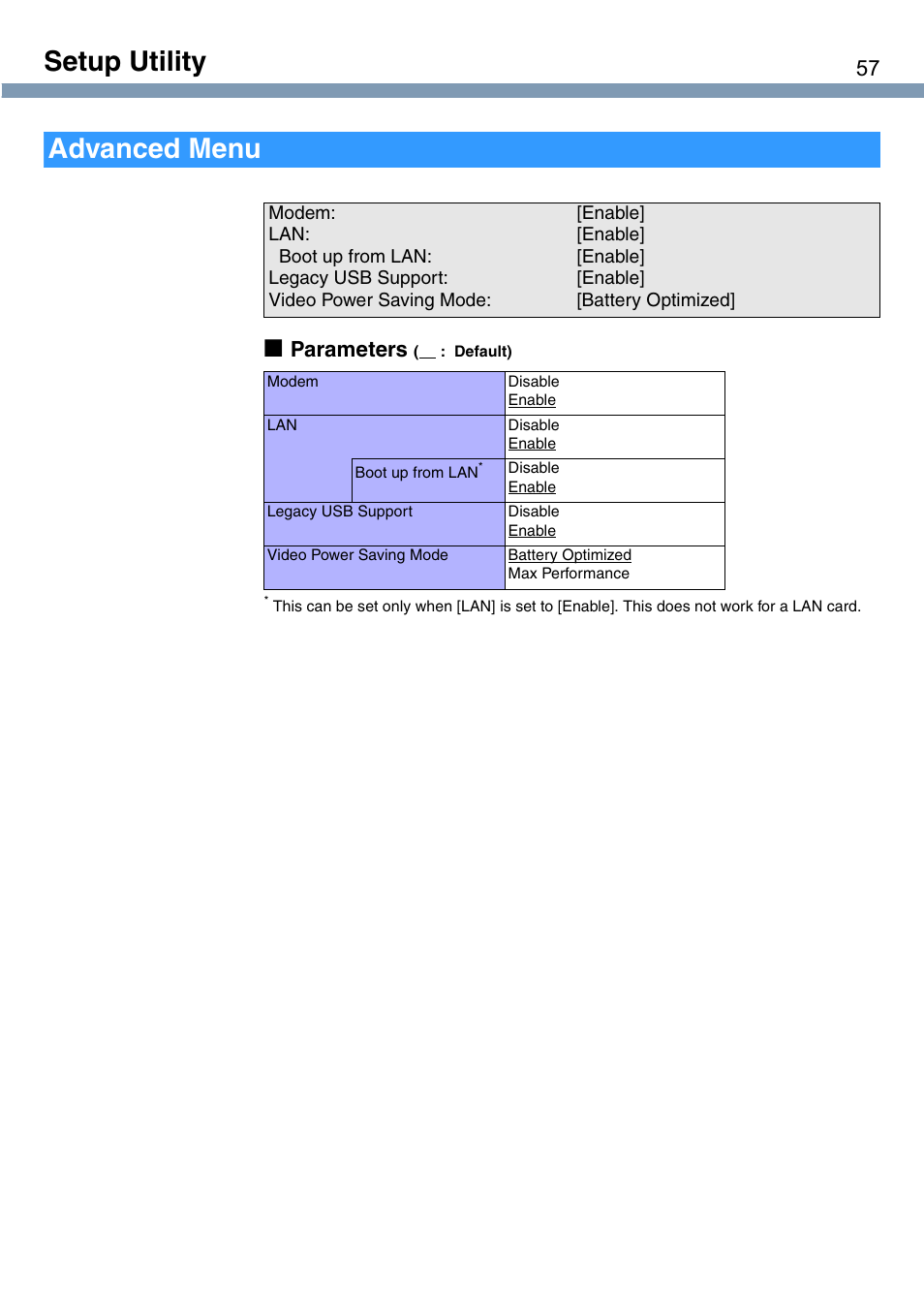 Setup utility, Advanced menu, Parameters | Panasonic CF-T1 User Manual | Page 57 / 72