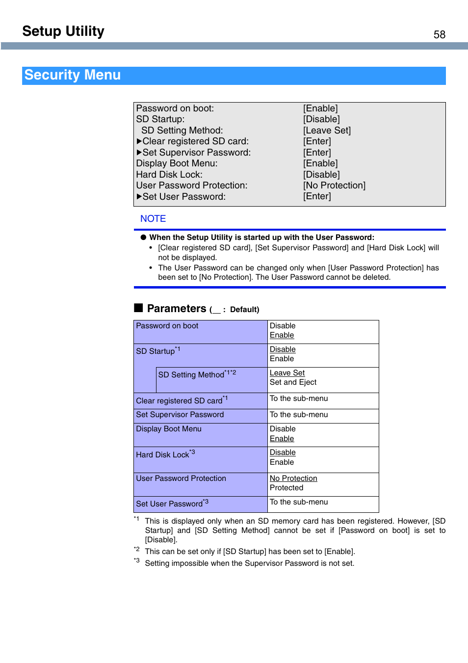 Setup utility, Security menu, Parameters | Panasonic CF-T1 User Manual | Page 58 / 72