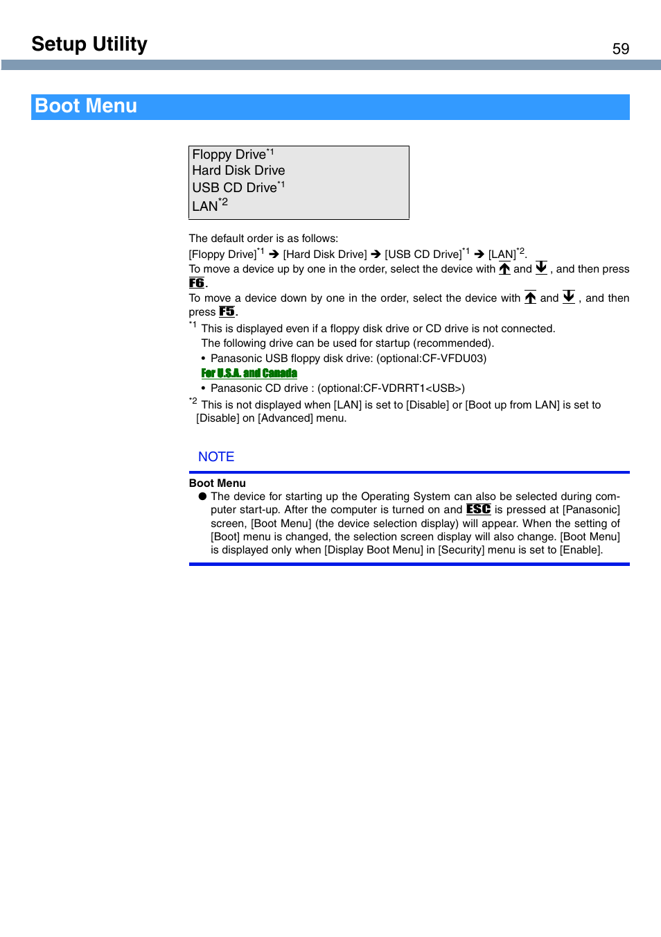 Setup utility, Boot menu | Panasonic CF-T1 User Manual | Page 59 / 72