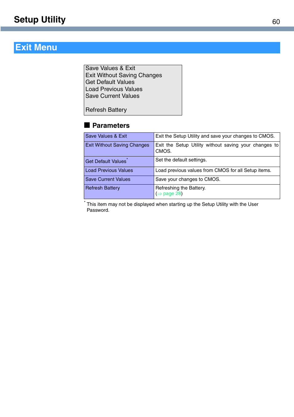 Setup utility, Exit menu, Parameters | Panasonic CF-T1 User Manual | Page 60 / 72