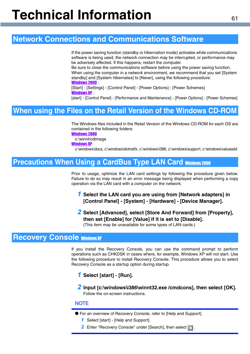 Technical information, Recovery console | Panasonic CF-T1 User Manual | Page 61 / 72