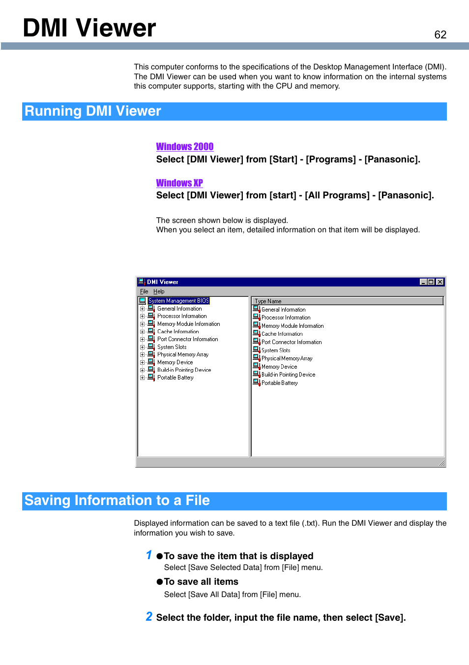 Dmi viewer, Running dmi viewer saving information to a file | Panasonic CF-T1 User Manual | Page 62 / 72