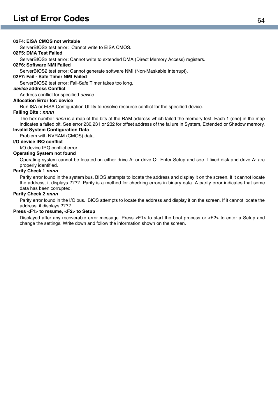 List of error codes | Panasonic CF-T1 User Manual | Page 64 / 72