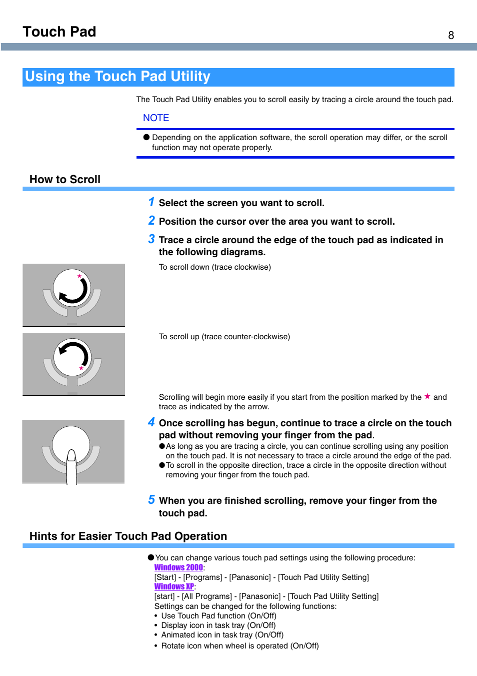 Touch pad, Using the touch pad utility, How to scroll | Hints for easier touch pad operation | Panasonic CF-T1 User Manual | Page 8 / 72