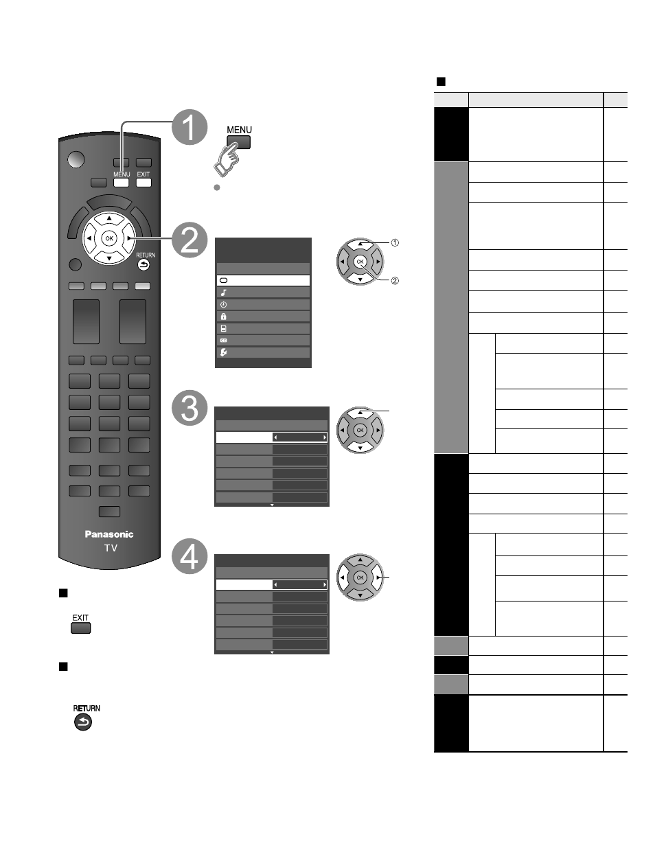 Menu functions, Navigating the menus, Lit of menu items | How to use menu functions, Display menu, Select the menu, Select the item, Adjust or select, Viera link, Picture | Panasonic HDMI TC-P50C1 User Manual | Page 26 / 71