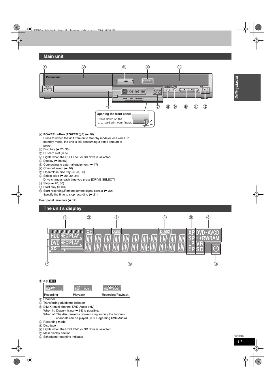 Xp sp lp ep, Dvd avcd rwram vr sd, Play | Main unit, The unit’s display | Panasonic DMR-EH50 User Manual | Page 11 / 76