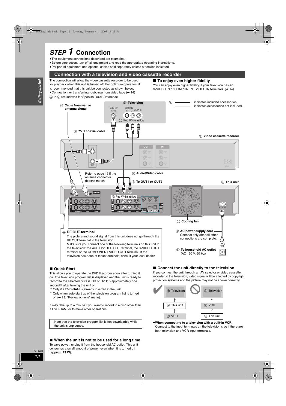Step 1 connection, Step, Connection | Ge ttin g st a rte d, Quick start, When the unit is not to be used for a long time, Connect the unit directly to the television | Panasonic DMR-EH50 User Manual | Page 12 / 76