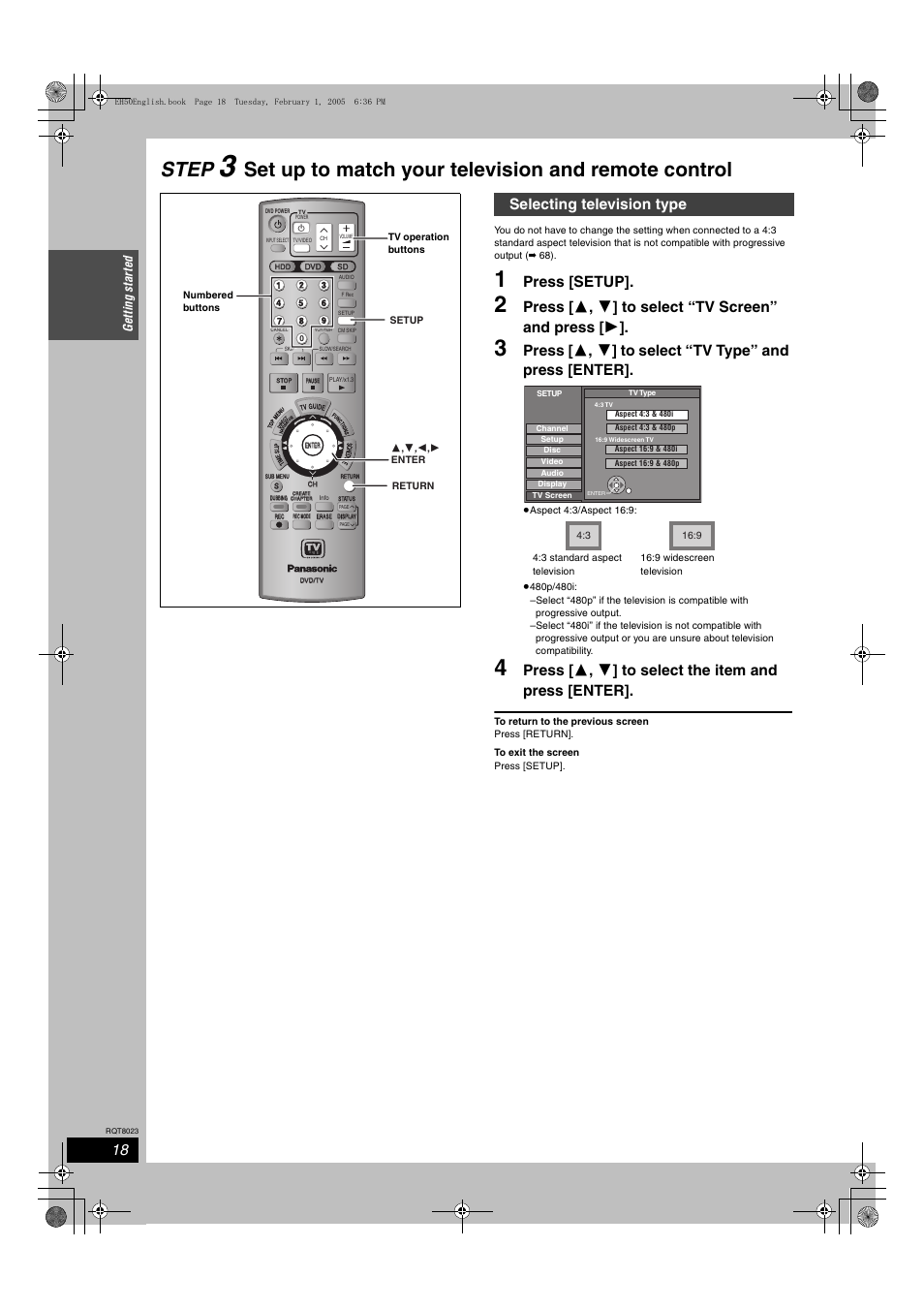 Step, Set up to match your television and remote control, Press [setup | Selecting television type, Ge ttin g st a rte d | Panasonic DMR-EH50 User Manual | Page 18 / 76
