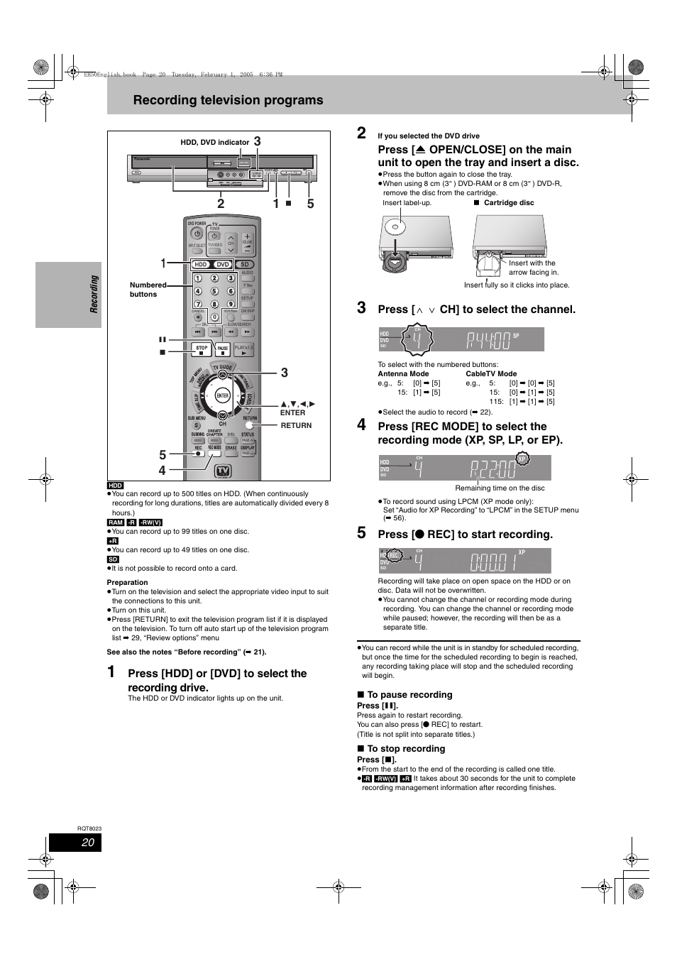 Recording, Recording television programs, Press [hdd] or [dvd] to select the recording drive | Press [ w x ch] to select the channel, Press [ ¥ rec] to start recording, Open/close, X1.3, Reco rdin g | Panasonic DMR-EH50 User Manual | Page 20 / 76