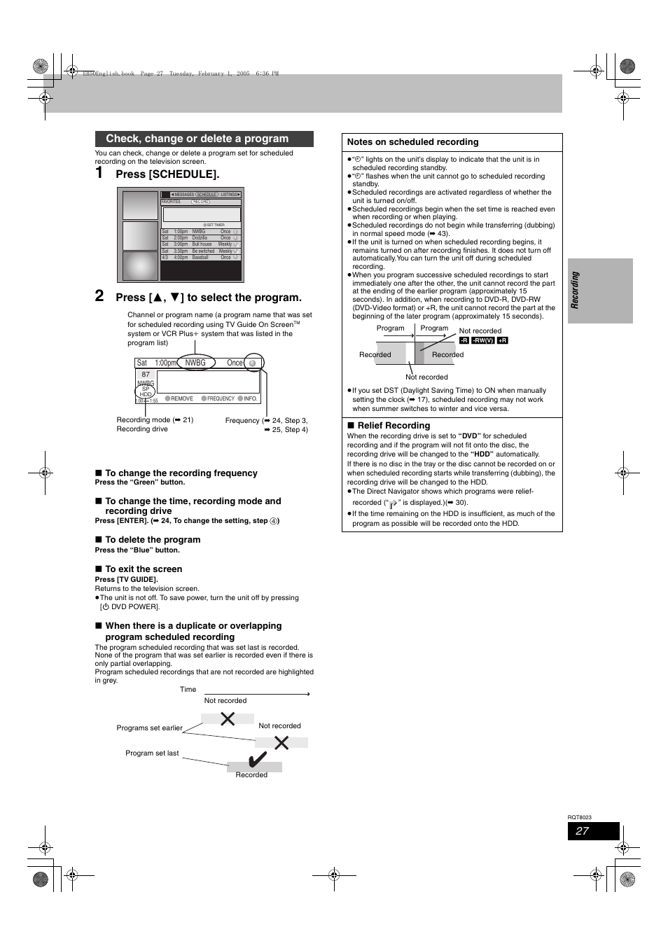 Press [schedule, Press [ 3 , 4 ] to select the program, Check, change or delete a program | Panasonic DMR-EH50 User Manual | Page 27 / 76