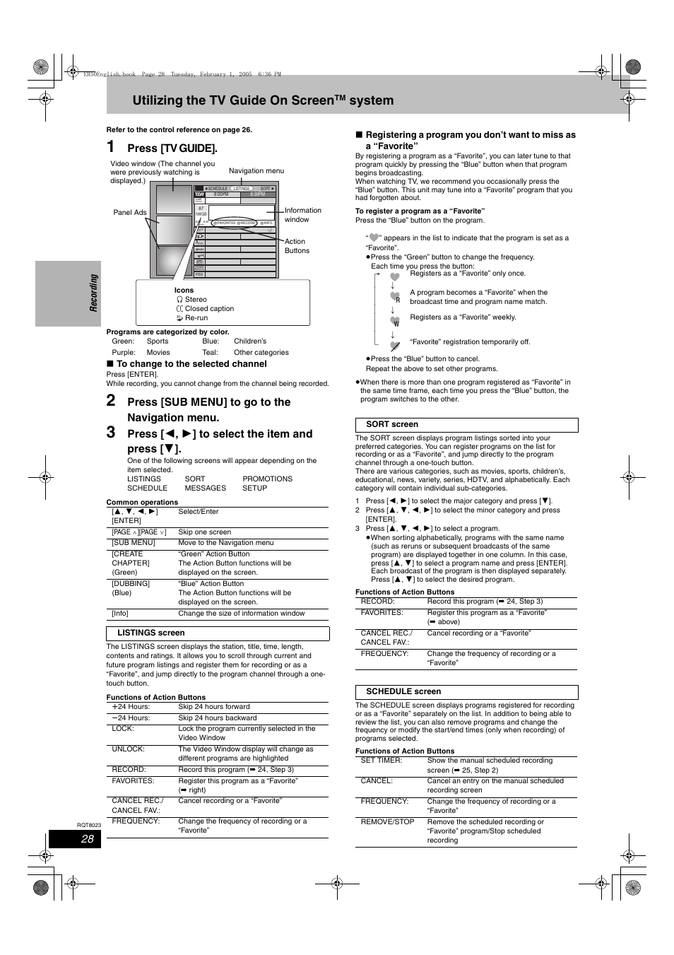 Utilizing the tv guide on screen system, Utilizing the tv guide on screen, System | Press [tv guide, Press [sub menu] to go to the navigation menu, Press [ 2 , 1 ] to select the item and press [ 4 | Panasonic DMR-EH50 User Manual | Page 28 / 76