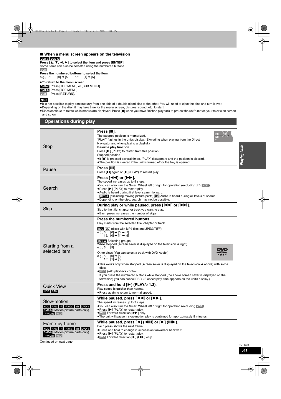 Operations during play stop, Pause, Search | Skip, Starting from a selected item, Quick view, Slow-motion, Frame-by-frame | Panasonic DMR-EH50 User Manual | Page 31 / 76