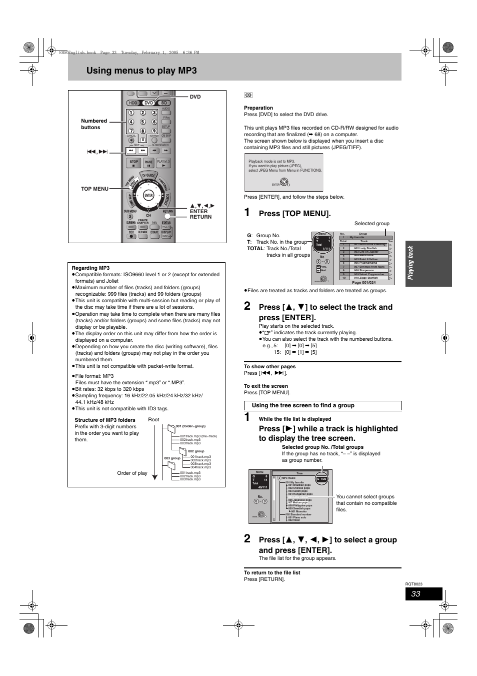 Using menus to play mp3, Press [top menu, Playi n g ba ck | Panasonic DMR-EH50 User Manual | Page 33 / 76