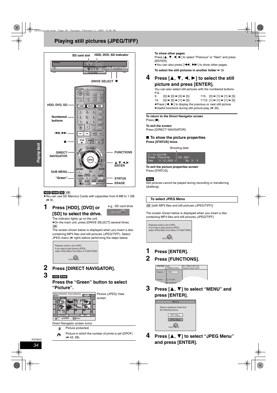 Playing still pictures (jpeg / tiff), Playing still pictures (jpeg/tiff), Press [hdd], [dvd] or [sd] to select the drive | Press [direct navigator, Press the “green” button to select “picture, Press [enter, Press [functions, Press [ 3 , 4 ] to select “menu” and press [enter, Open/close, X1.3 | Panasonic DMR-EH50 User Manual | Page 34 / 76