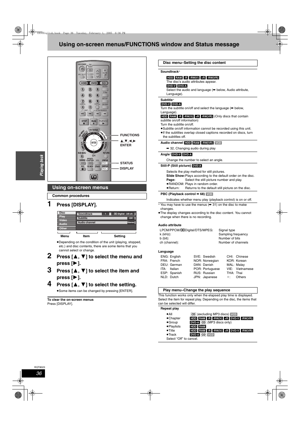 Press [display, Press [ 3 , 4 ] to select the menu and press [ 1, Press [ 3 , 4 ] to select the item and press [ 1 | Press [ 3 , 4 ] to select the setting, Using on-screen menus, Playi n g ba ck | Panasonic DMR-EH50 User Manual | Page 36 / 76