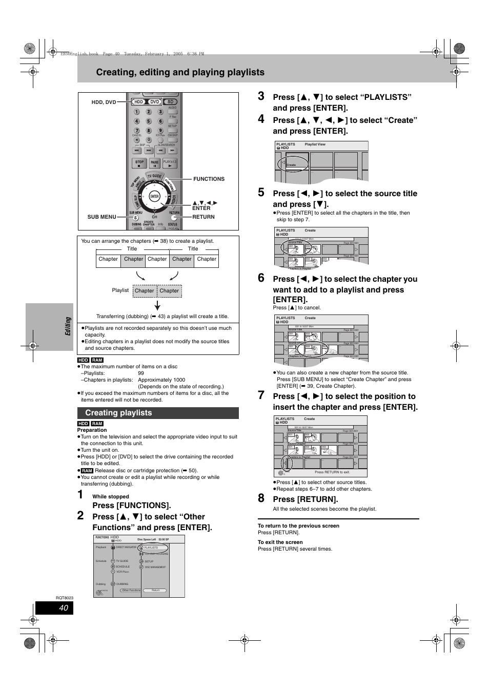 Creating, editing and playing playlists, Press [functions, Press [return | Creating playlists, Ed itin g | Panasonic DMR-EH50 User Manual | Page 40 / 76