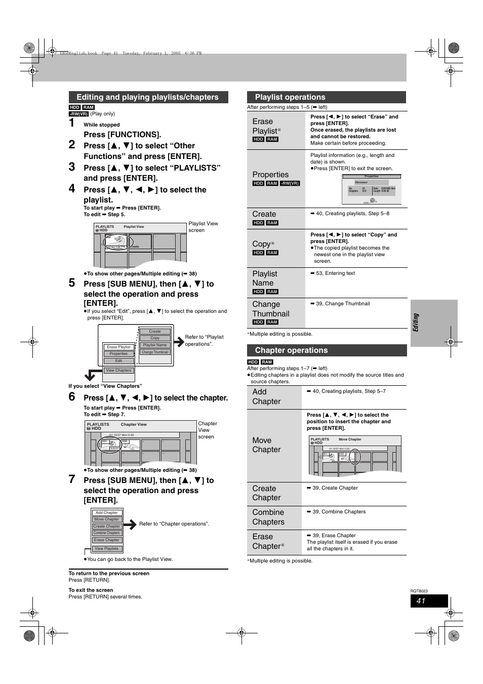 Press [functions, Press [ 3 , 4 , 2 , 1 ] to select the playlist, Press [ 3 , 4 , 2 , 1 ] to select the chapter | Editing and playing playlists/chapters, Playlist operations erase playlist, Properties, Create, Copy, Playlist name, Change thumbnail | Panasonic DMR-EH50 User Manual | Page 41 / 76