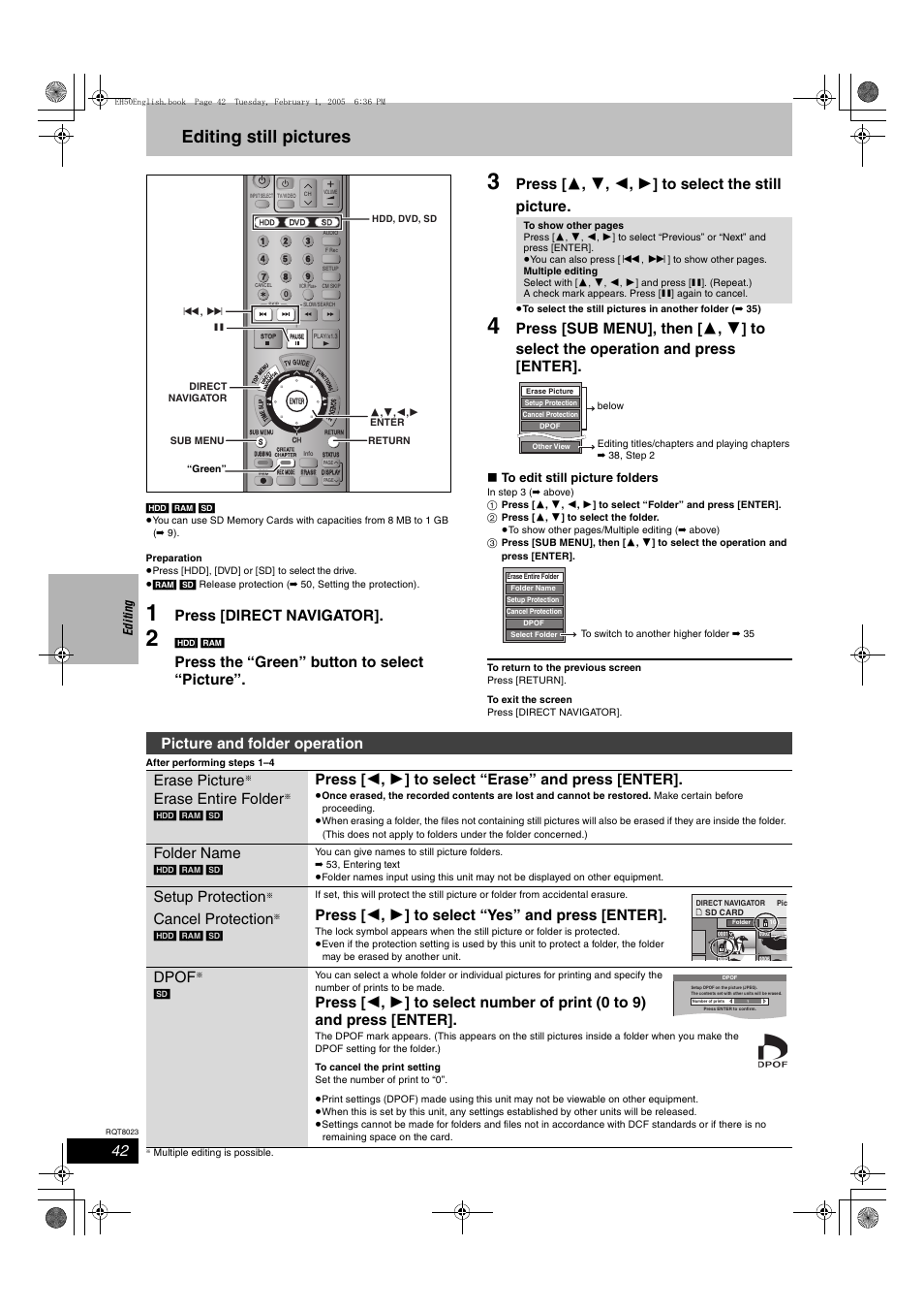 Editing still pictures, Press [direct navigator, Press the “green” button to select “picture | Picture and folder operation erase picture, Erase entire folder, Press [ 2 , 1 ] to select “erase” and press [enter, Folder name, Setup protection, Cancel protection, Press [ 2 , 1 ] to select “yes” and press [enter | Panasonic DMR-EH50 User Manual | Page 42 / 76