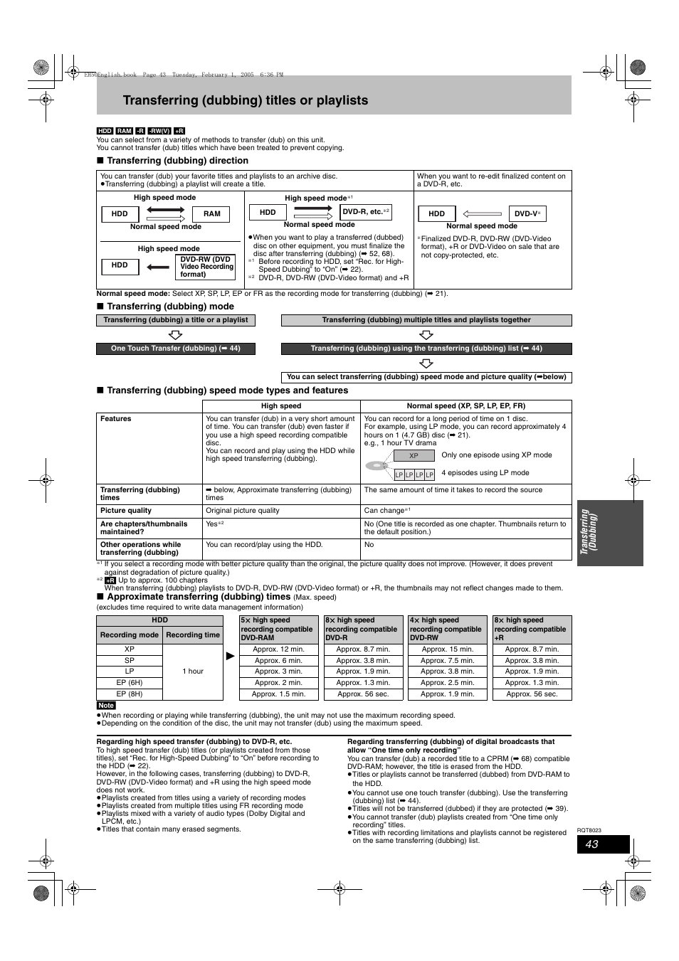 Transferring (dubbing), Transferring (dubbing) titles or playlists | Panasonic DMR-EH50 User Manual | Page 43 / 76