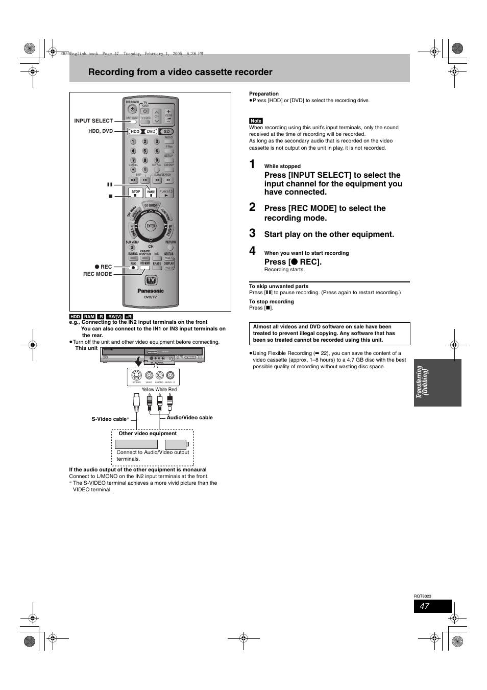 Recording from a video cassette recorder, Press [rec mode] to select the recording mode, Start play on the other equipment | Press [ ¥ rec, I n 2, Power /x1.3, Tr a n sf er ri ng (d ubb ing) | Panasonic DMR-EH50 User Manual | Page 47 / 76