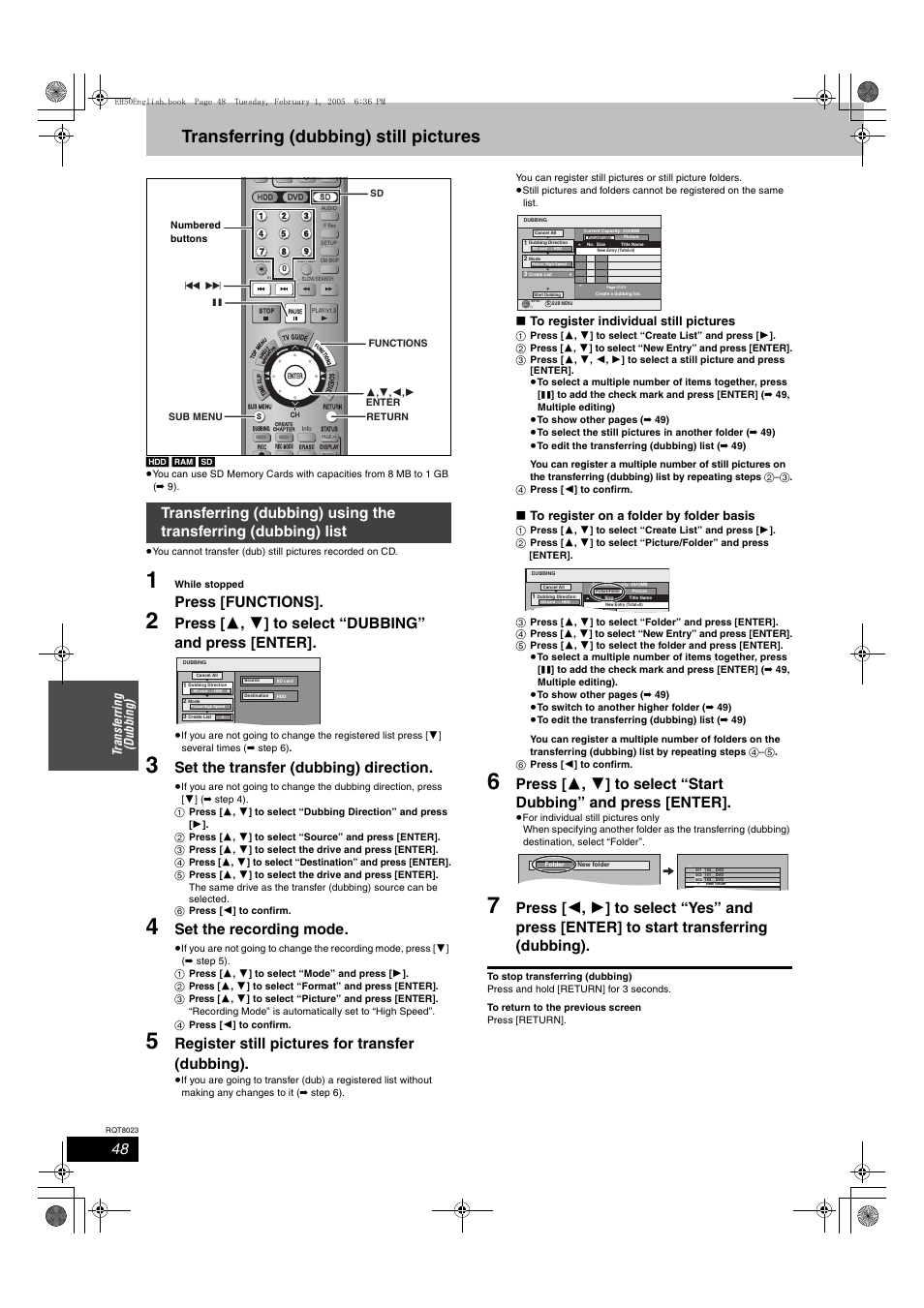 Transferring (dubbing) still pictures, Press [functions, Set the transfer (dubbing) direction | Set the recording mode, Register still pictures for transfer (dubbing), Tr a n sf er ri ng (d ubb ing) | Panasonic DMR-EH50 User Manual | Page 48 / 76