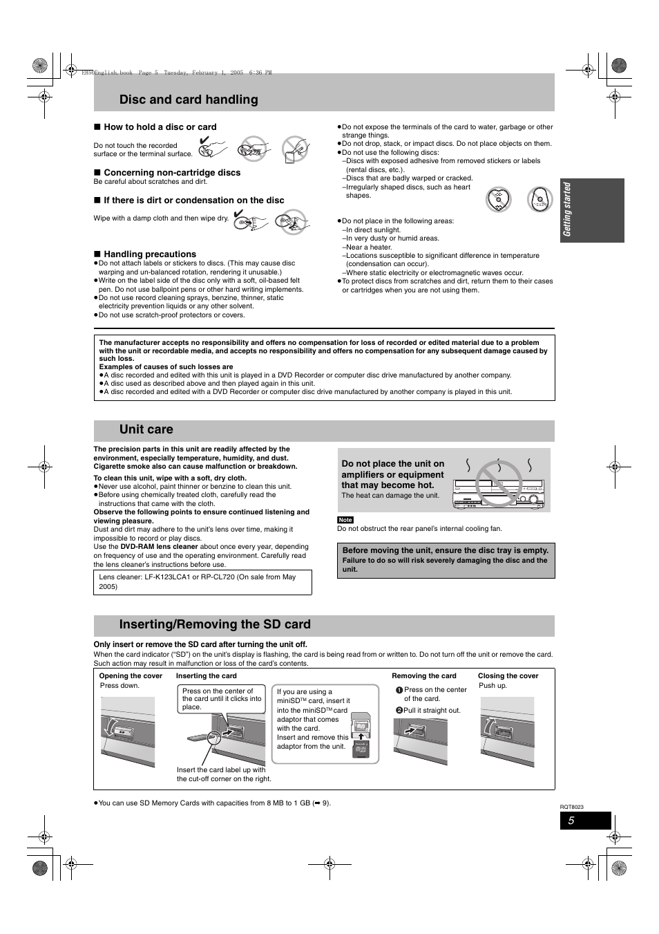 Disc and card handling, Unit care, Inserting / removing the sd card | Inserting/removing the sd card | Panasonic DMR-EH50 User Manual | Page 5 / 76