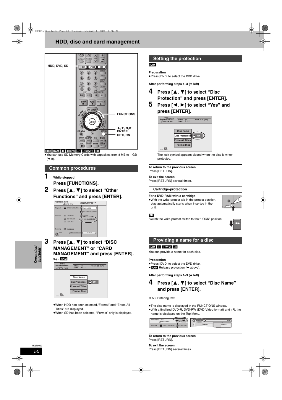 Convenient functions, Hdd, disc and card management, Press [functions | Press [ 2 , 1 ] to select “yes” and press [enter, Common procedures, Setting the protection, Providing a name for a disc, Lock, Co n ven ie nt fu n cti o n s | Panasonic DMR-EH50 User Manual | Page 50 / 76